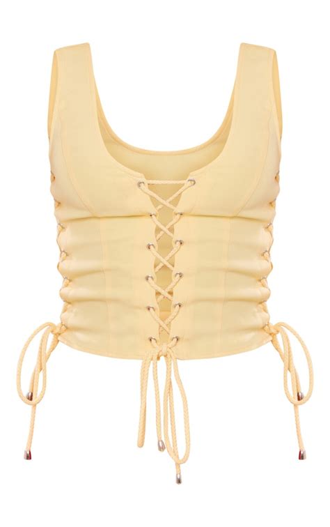 Lemon Woven Lace Up Detail Plunge Sleeveless Top Tops Prettylittlething