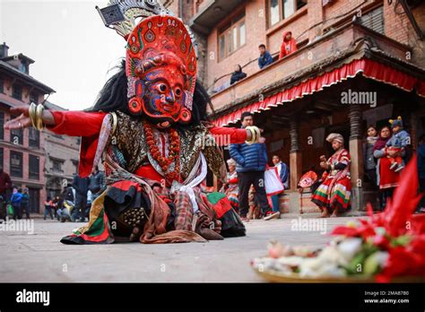 Nepal 19th Jan 2023 A Hindu Dancers Performs A Traditional Mask