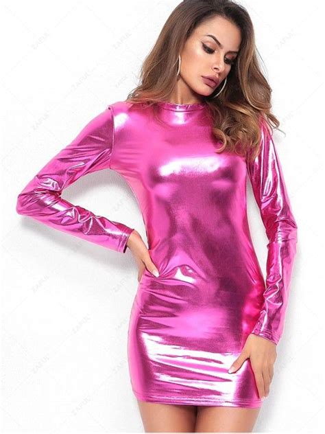 22 Off 2021 Long Sleeves Shiny Bodycon Dress In Neon Pink Zaful