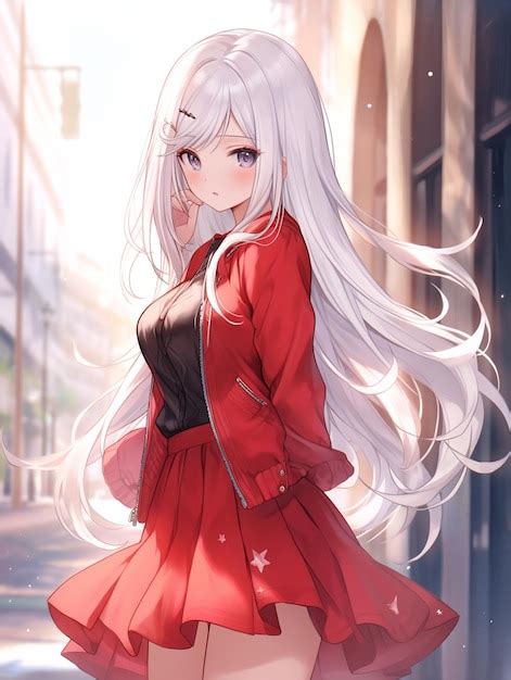 Chica Anime Con Cabello Largo Y Blanco Y Vestido Rojo Caminando Por Una