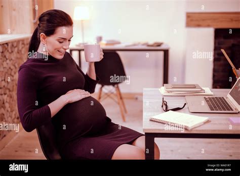 Meeting Soon Amazing Brunette Bowing Head While Having Tea Break Stock
