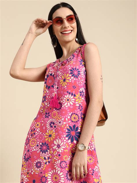 Buy Anouk Pink And Blue Floral Print Tie Up Neck Sheath Dress Ethnic