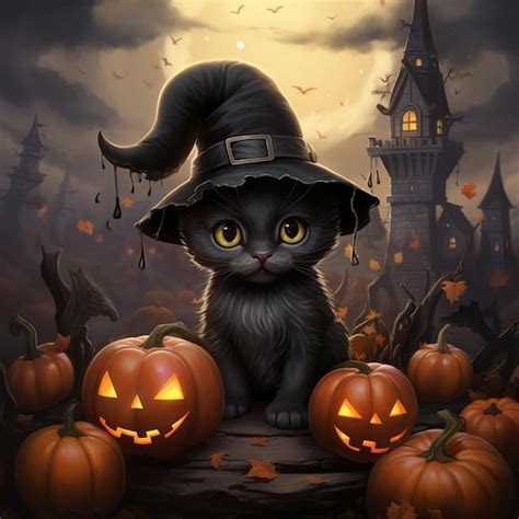 Premium AI Image There Is A Black Cat Wearing A Witch Hat Sitting On