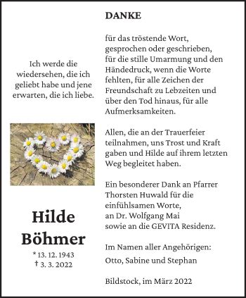 Traueranzeigen Von Hilde B Hmer Saarbruecker Zeitung Trauer De