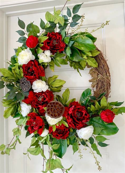 Year Round Wreath For Front Door Red And White Floral Grapevine Wreath