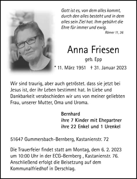 Traueranzeigen Von Anna Friesen Wirtrauern