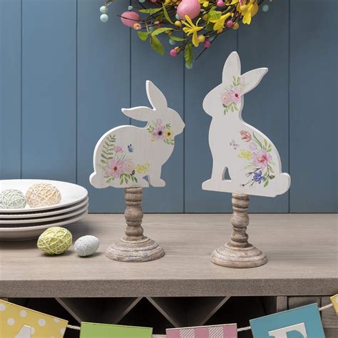 Glitzhome 2 Pack Easter Bunny Table Décor Easter Rabbit Tabletop Wooden Signs Hand