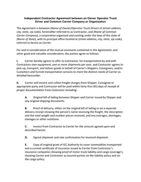 Truck Driver Contract Agreement Free Printable Documents