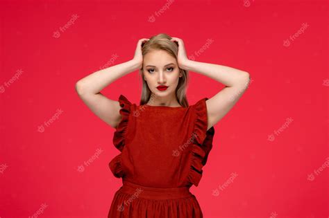 Premium Photo Red Dress Adorable Cute Blonde Woman Wearing Burgundy