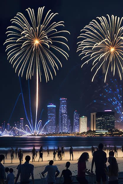 Premium AI Image | Fireworks at night on the beach with people Generative AI