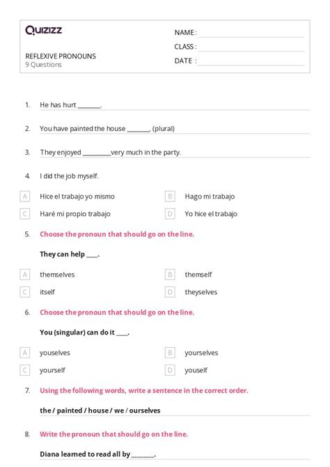 50 Reflexive Pronouns Worksheets For 1st Year On Quizizz Free