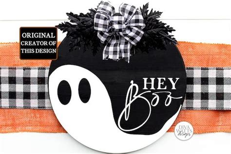 Hey Boo Ghost Round Svg Round Sign Design Etsy Halloween Wood