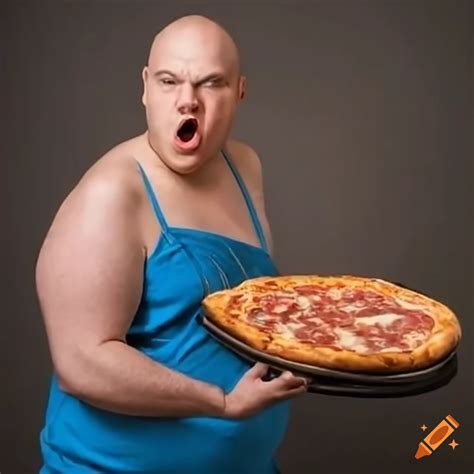 Bald Fat Guy Making And Eating A Giant Pizza In Front Of Sign That Says