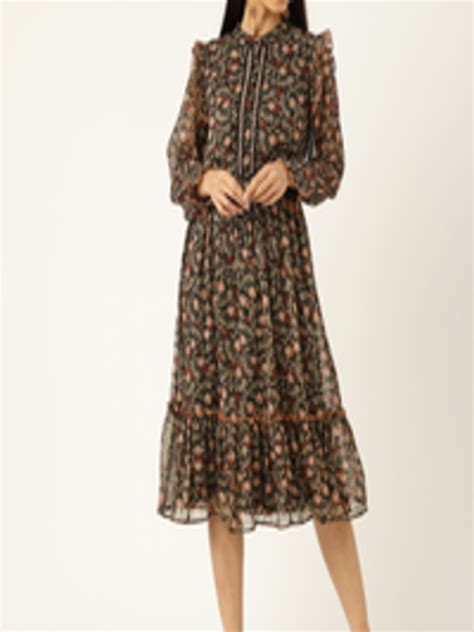 Buy Antheaa Women Black And Brown Floral Printed Chiffon A Line Midi