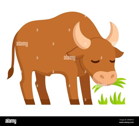 Cute Cartoon Drawing Of Brown Ox Or Bull Grazing Vector Clip Art