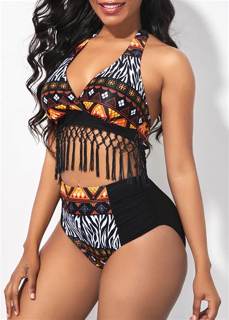Tribal Print High Waisted Tassel Detail Bikini Set Rosewe USD 29 98