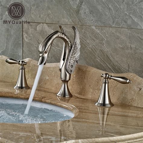 Elegant Swan Bathroom Basin Sink Faucet Widespread Dual Handles Hot And Cold Water Mixer Taps