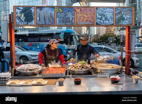 Seoul South Korea November 04 2019 Food Stall In Myeongdong Street