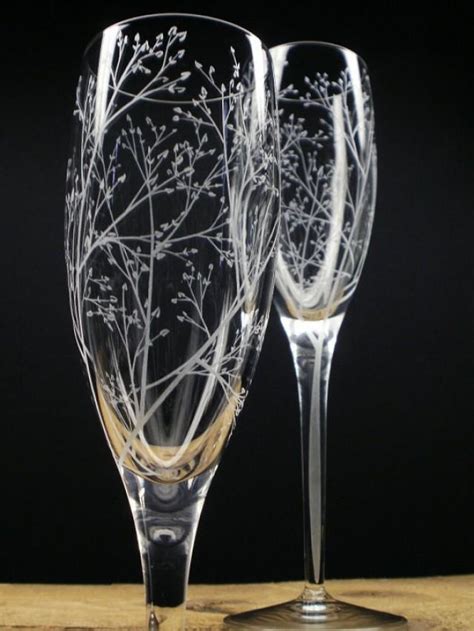 Spring Wedding Flutes Branches And Leaves 2 Hand Engraved Champagne Flutes Bridal Party T