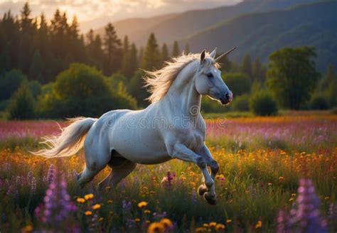 Beautiful Unicorn Galloping Through Flowery Fields Stock Illustration