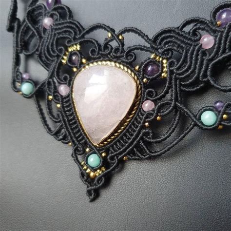 Cornaline Plastron Necklace Amethyst Micro Macram Black E Collier