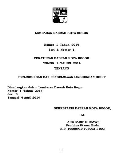 LEMBARAN DAERAH KOTA BOGOR Nomor 1 Tahun 2014 Seri E Nomor 1 PERATURAN