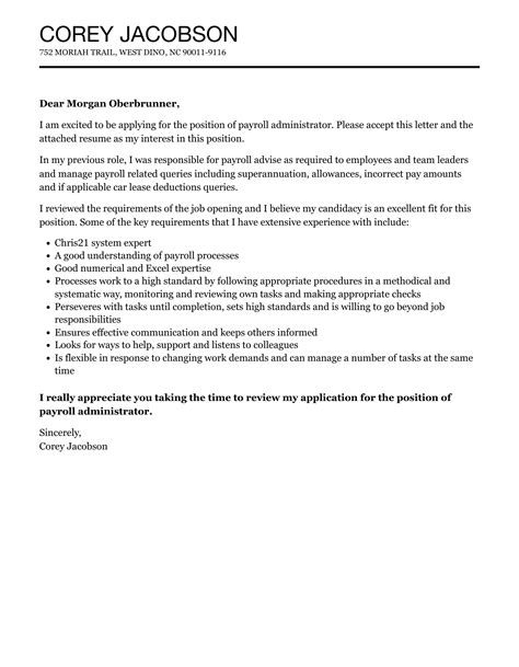 Payroll Administrator Cover Letter Velvet Jobs