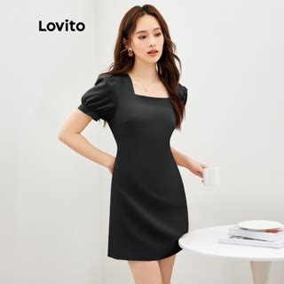 Lovito Casual Plain Puff Sleeves Tie Back Dress For Women L Ed