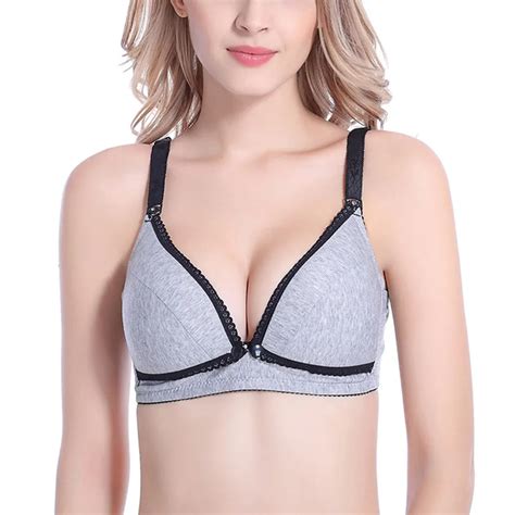 Sexy Women Sleep Bra Wirefree Front Button Cotton Soft Cup Deep V Neck Gray Convenience Soft Cup