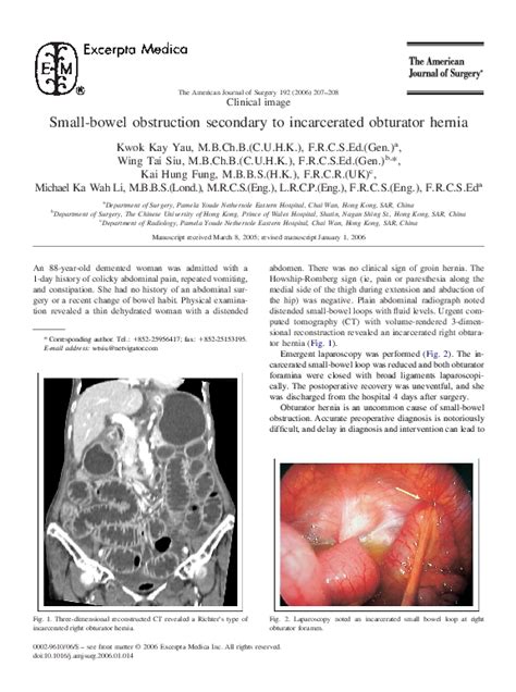 Pdf Small Bowel Obstruction Secondary To Incarcerated Obturator