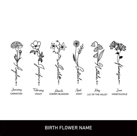 the birth flower names are shown in black and white, with flowers drawn ...