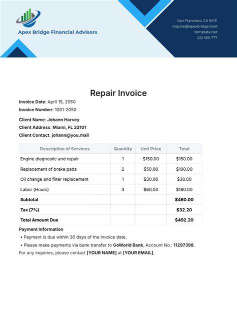 Free Repair Invoice Template to Edit Online 