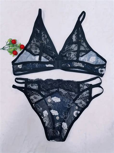 Plus Size Sexy Lingerie Set Women S Plus Cloud Print Contrast Lace Bra And Cut Out Strappy Brief