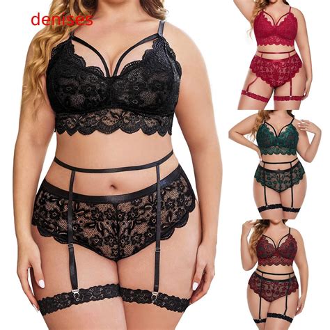 Denises Plus Size Lingerie Set For Women Floral Lace Scallop Trim Garter Lingerie Set High