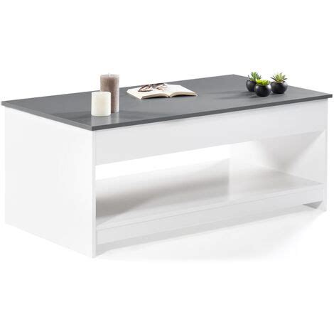 Table Basse Plateau Relevable Rectangulaire Soa Bois Blanc Plateau Gris