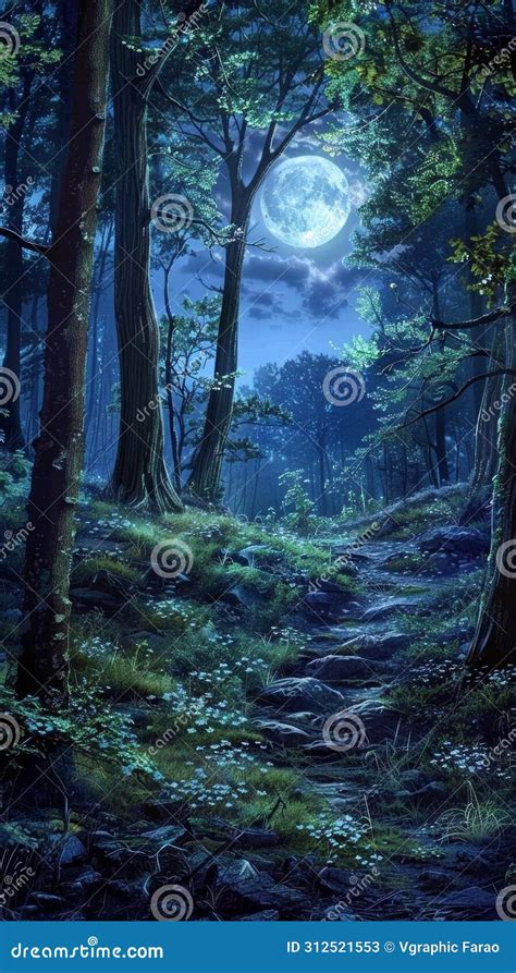 Enchanted Night Forest With Full Moon Stock Image Image Of Glow