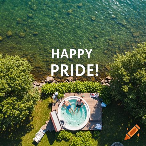 Aerial Photo Of Two Men In A Hot Tub With A Pride Greeting On Craiyon