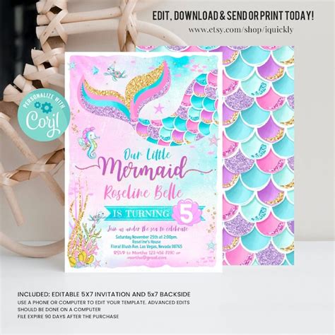 Editable Mermaid Birthday Invitation Mermaid Invite Under The Sea Birthday Party Printable