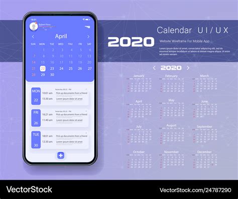 Mobile app calendar 2020 week start sunday Vector Image