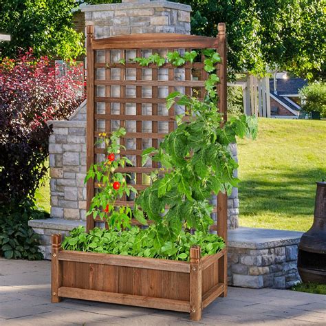 In Outdoor Large Size Raised Bed Planter Box With Trellis Weather