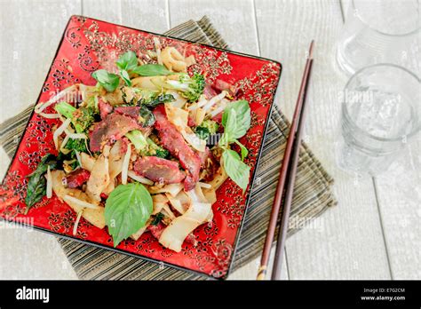 Pad Ki Mao With Char Siu Pork Broccoli Noodles And Bean Sprouts