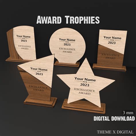 5x Award Trophy Svg Laser Cutting Files Acrylic And Wooden Award Svg