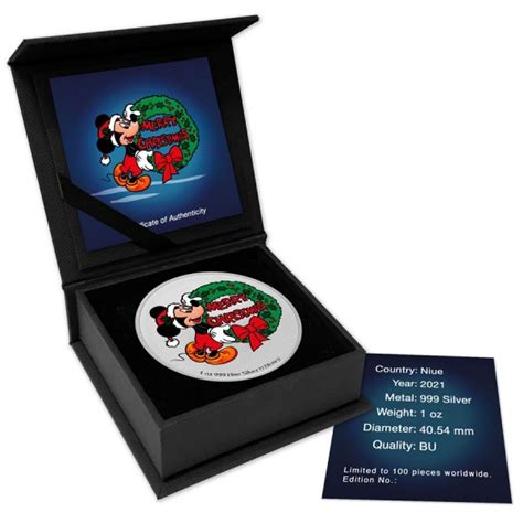 2021 1oz 2 NZD Niue Mickey Mouse Christmas Colorized Silver Coin