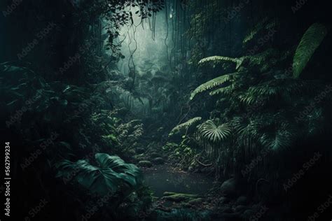 Night tropical jungle background. Atmospheric rainforest. AI Stock Illustration | Adobe Stock