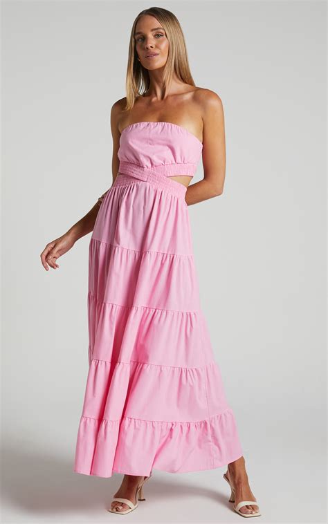 Xiomara Maxi Dress Strapless Cut Out Tiered Dress In Pink Showpo Usa