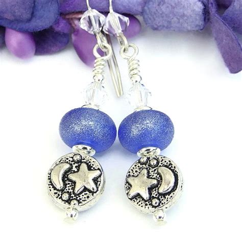 Moon And Stars Earrings Pearlized Blue Lampwork Handmade Celestial