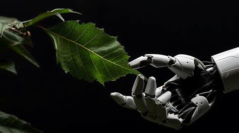 Robot Hand Holding A Green Leaf Premium Ai Generated Image