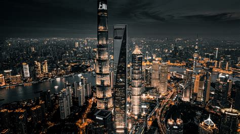 Shanghai City Wallpaper 4K, Dark aesthetic, Cityscape