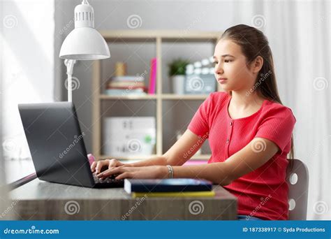 Student Girl with Laptop Computer Learning at Home Stock Image - Image ...