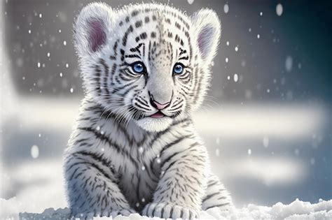 Leuke Baby Witte Tijger Op Sneeuw Generatieve Ai Premium Foto